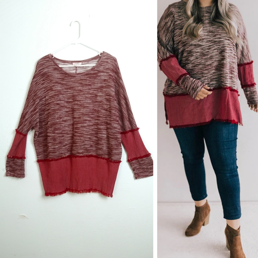 Umgee Red and White Crew Neck Knit Heather with Relaxed Fit Size M